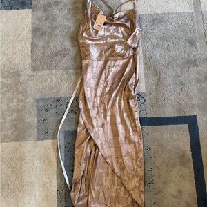 Missguided Champagne Asymmetrical Strap Drape Satin Midi Dress - Size 12